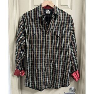 Wrangler Men's Large Western Style‎ Black Plaid Pearl Snap Satin Cuffs Button Up